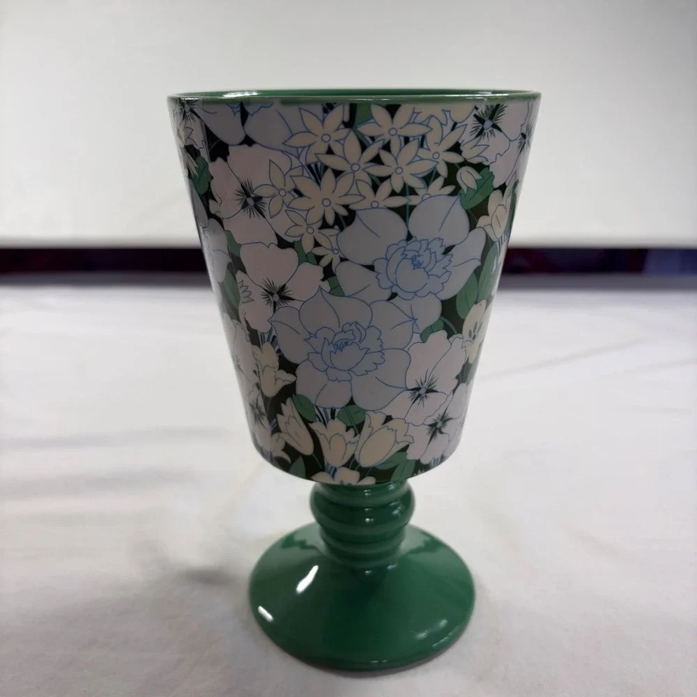 Anthropologie Floral Ceramic Goblet Green White Blue Pedestal Cup Vase